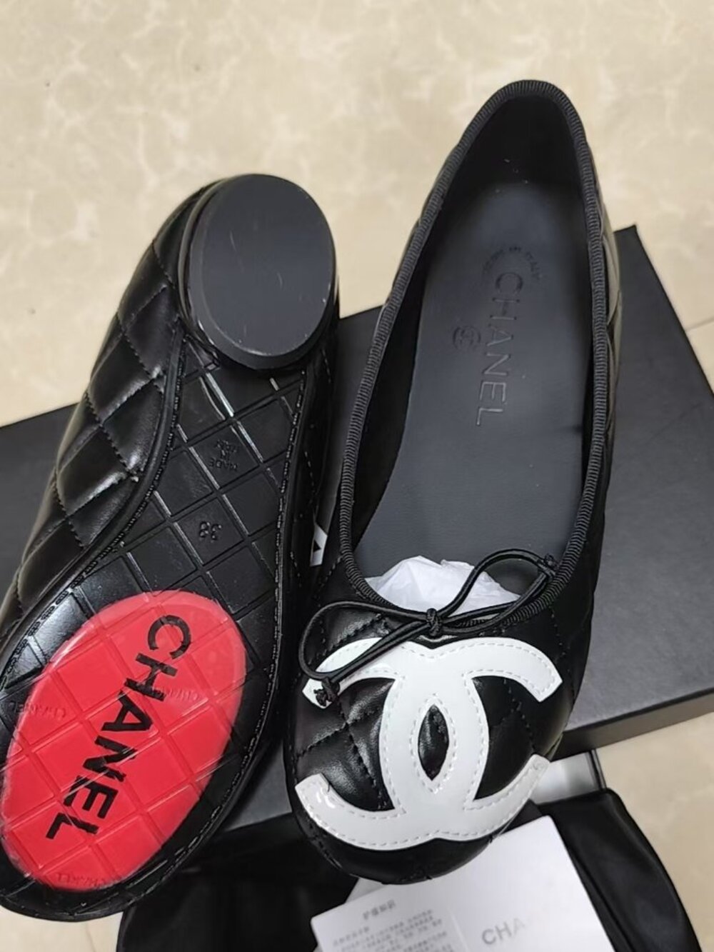 CHANEL Black Quilted Ballet Flats with White CC Logo
